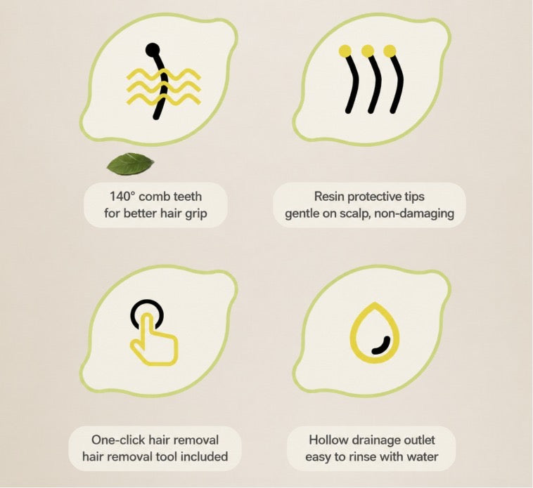 Infografía con las características del cepillo: púas a 140 grados, puntas de resina, expulsión de pelo con un clic y orificio de drenaje