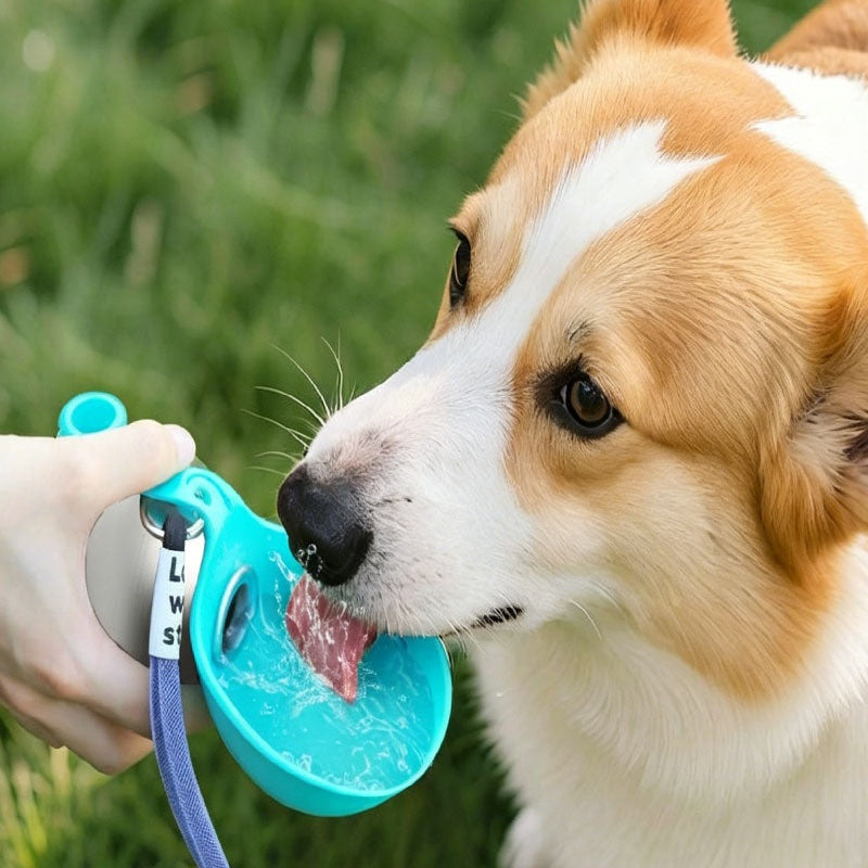 Perro bebiendo de la funda de silicona desplegada como bebedero