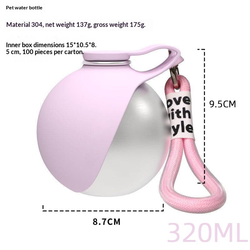 Botella de agua para perros rosa con medidas: 8,7 cm de diámetro y 320 ml