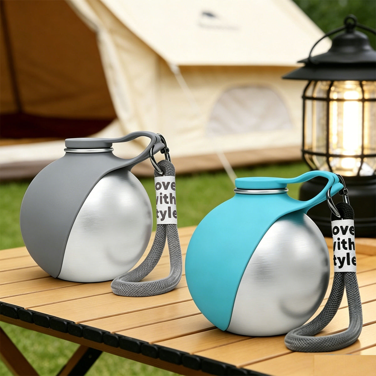 Botellas de agua portátiles para perros en gris y azul sobre una mesa de camping